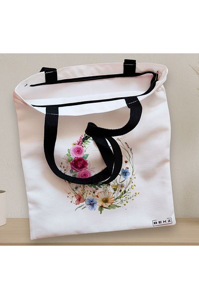 BEKZ Sacosa Textila Cu Fermoar, Geanta Tote, Cu Litera O In Coronita Florala, 38x34.5 Cm, Alba, ®