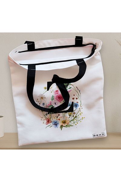 BEKZ Textile Bag With Zipper, Tote Bag, With Letter Z In Floral Wreath, 38x34.5 Cm, ​​White, ®