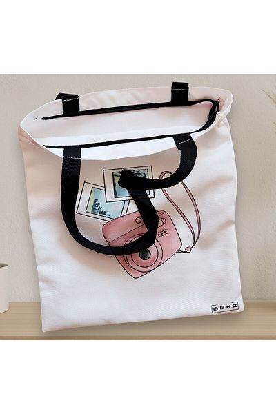 BEKZ Sacosa Textila Cu Fermoar, Geanta Tote Travel Girl 13, 38x34.5 Cm, Alba, ®