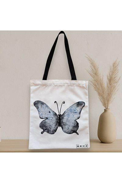 BEKZ Sacosa Textila Cu Fermoar, Geanta Tote, Model Watercolor Butterfly 2, 38x34.5 Cm, Alba, ®