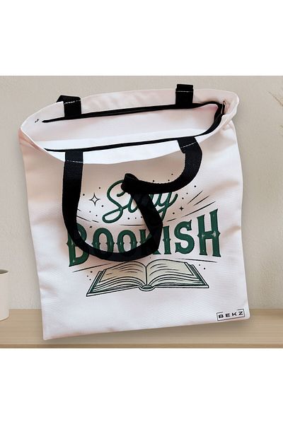 BEKZ Sacosa Textila Cu Fermoar, Geanta Tote, Model Stay Bookish 38 X 34.5 Cm, Alb, ®