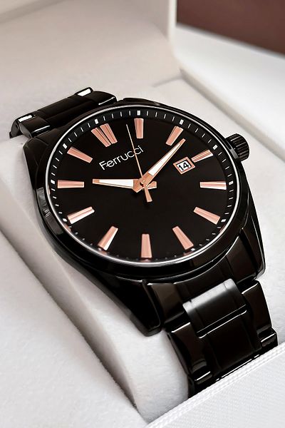 Ferrucci Men's Wristwatch with Calendar Steel Cord 3 Atm Water Resistant Bracelet Black with Gift Sdfer029