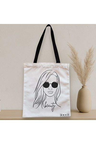 BEKZ Textile Bag With Zipper, Tote Bag, Beauty Girl Model, 38x34.5 Cm, ​​White, ®
