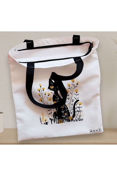 BEKZ Textile Bag With Zipper, Tote Bag, Cat And Flowers Model 12, 38 X 34.5 Cm, ​​White, ®