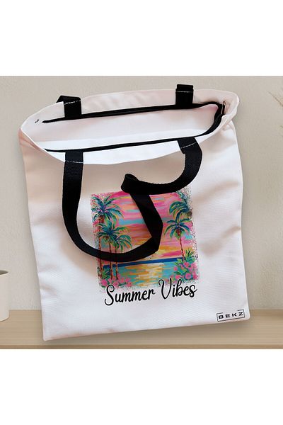 BEKZ Textile Bag With Zipper, Tote Bag, Summer Vibes Model, 38 X 34.5 Cm, ​​White, ®