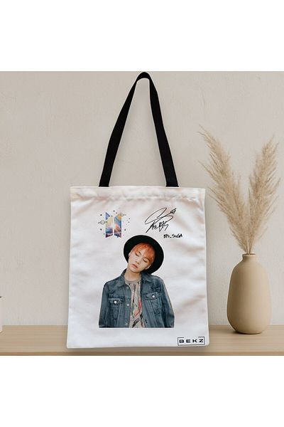 BEKZ Sacosa Textila Cu Fermoar, Geanta Tote, Model Bts Suga 2, 38x34.5 Cm, Alba, ®