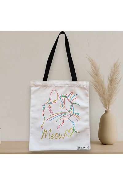 BEKZ Sacosa Textila Cu Fermoar, Geanta Tote, Model Meow, 38x34.5 Cm, Alba, ®