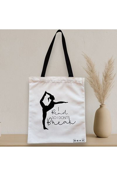 BEKZ Sacosa Textila Cu Fermoar, Geanta Tote Yoga I Bend So I Don't Break, 38x34.5 Cm, Alba, ®