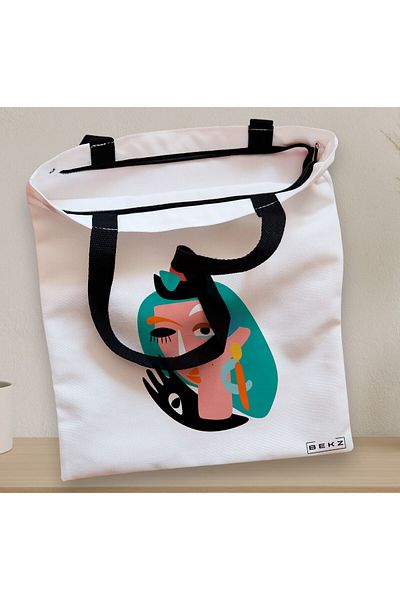 BEKZ Sacosa Textila Cu Fermoar, Geanta Tote, Model Abstract Face, 38x34.5 Cm, Alba, ®