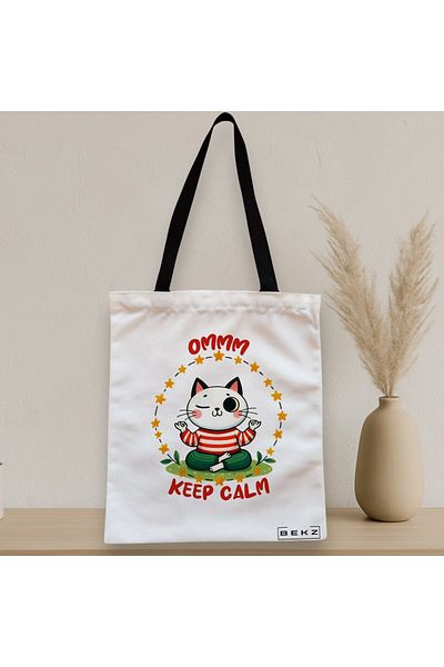 BEKZ Textile Bag With Zipper, Ommm Keep Calm Yoga Tote Bag, 38x34.5 Cm, ​​White, ®