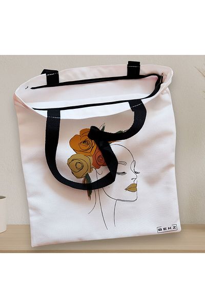 BEKZ Sacosa Textila Cu Fermoar, Geanta Tote, Flower Lady 15, 38x34.5 Cm, Alba, ®