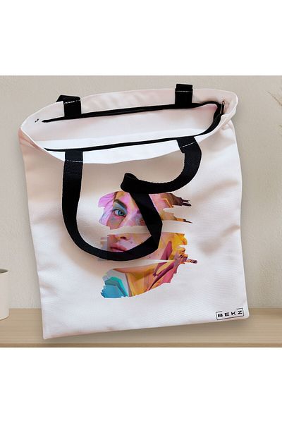 BEKZ Sacosa Textila Cu Fermoar, Geanta Tote, Model Fragmented Art, 38x34.5 Cm, Alba, ®