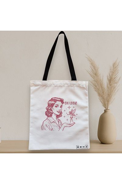 BEKZ Sacosa Textila Cu Fermoar, Geanta Tote, Model Fairy Encounter 38 X 34.5 Cm, Alb, ®