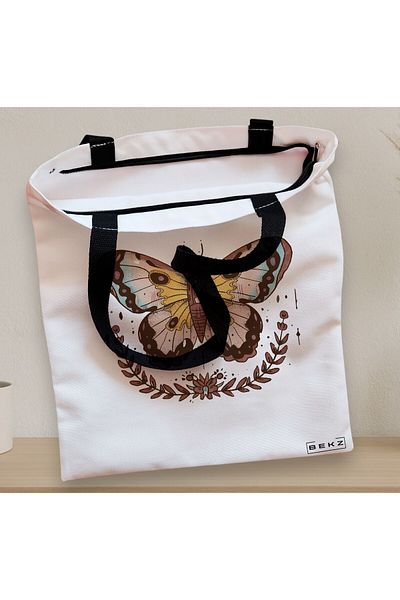 BEKZ Textile Bag With Zipper, Tote Bag Brown Butterfly, 38x34.5 Cm, ​​White, ®