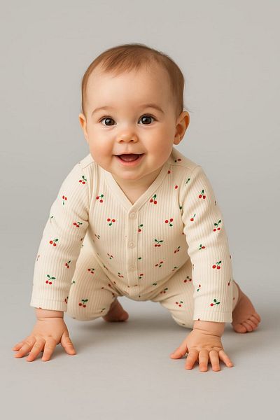 dinamik çocuk Flexible 100% Cotton Newborn Jumpsuit for Baby Girl - Cherry Printed, Snap Fasteners 1-3-6 Months