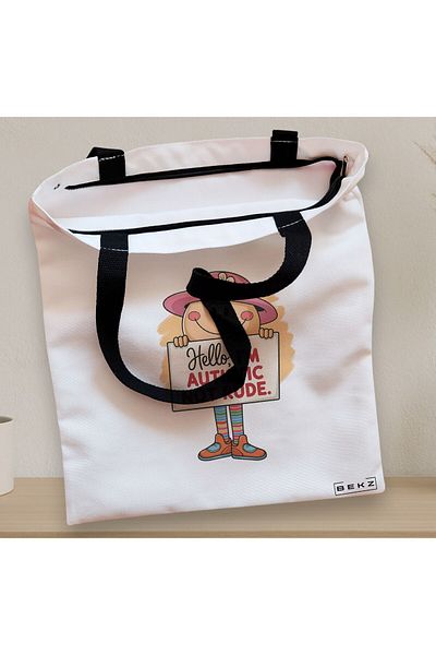 BEKZ Textile Bag With Zipper, Tote Bag, Hello I’m Autistic Not Rude Pattern 38 X 34.5 Cm, ​​White, ®