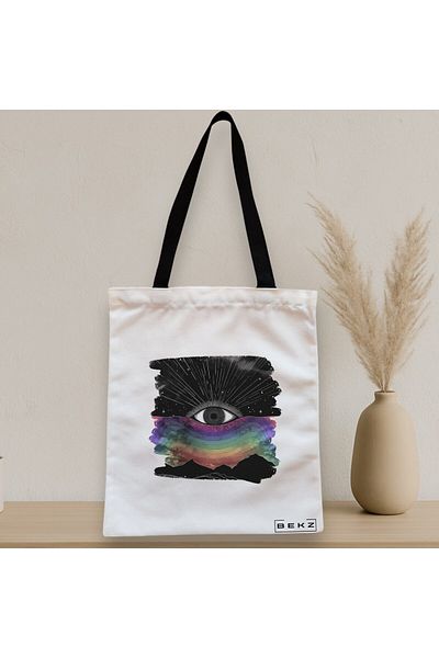 BEKZ Sacosa Textila Cu Fermoar, Geanta Tote, Model Celestial Eye 5, 38x34.5 Cm, Alba, ®