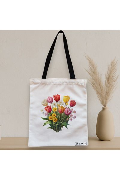 BEKZ Sacosa Textila Cu Fermoar, Geanta Tote, Model Flowers 10 38 X 34.5 Cm, Alb, ®