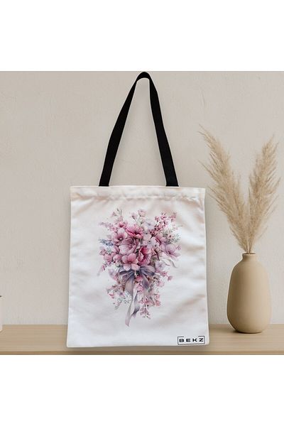 BEKZ Sacosa Textila Cu Fermoar, Geanta Tote, Model Flowers 3 38 X 34.5 Cm, Alb, ®