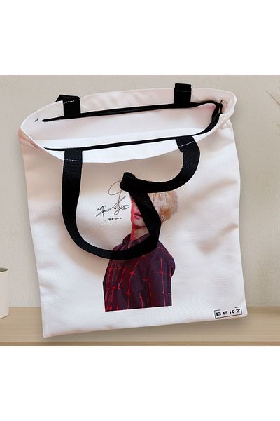 BEKZ Sacosa Textila Cu Fermoar, Geanta Tote, Model Bts Jimin Cu Semnatura 2, 38x34.5 Cm, Alba, ®