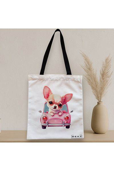 BEKZ Textile Bag With Zipper, Tote Bag, Chihuahua The Driver Model, 38x34.5 Cm, ​​White, ®