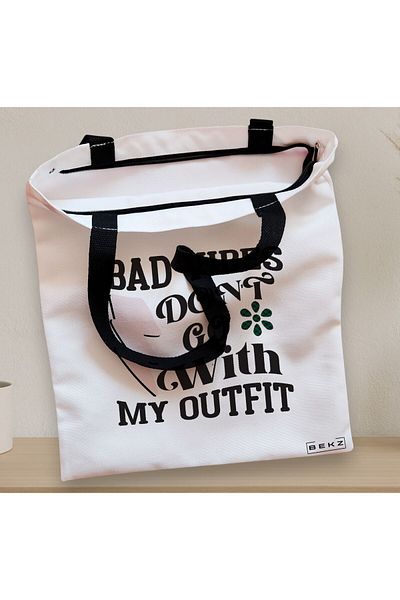 BEKZ Zippered Textile Bag, Tote Bag, Bad Vibes Don't Go With My Outfit Model, 38x34.5 Cm, ​​White, B