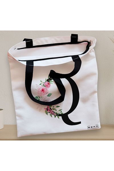 BEKZ Sacosa Textila Cu Fermoar, Geanta Tote, Cu Litera Q Si Trandafiri, 38x34.5 Cm, Alba, ®