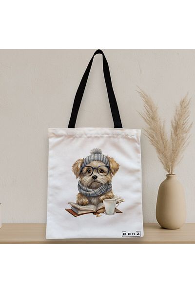 BEKZ Sacosa Textila Cu Fermoar, Geanta Tote, Model Reading Puppy 3 38 X 34.5 Cm, Alb, ®