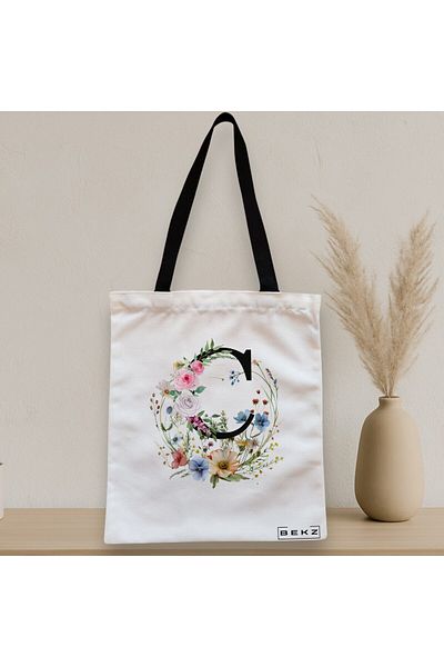 BEKZ Sacosa Textila Cu Fermoar, Geanta Tote, Cu Litera C In Coronita Florala, 38x34.5 Cm, Alba, ®