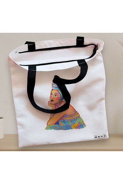BEKZ Sacosa Textila Cu Fermoar, Geanta Tote, Model Portret Vibrant 2, 38x34.5 Cm, Alba, ®
