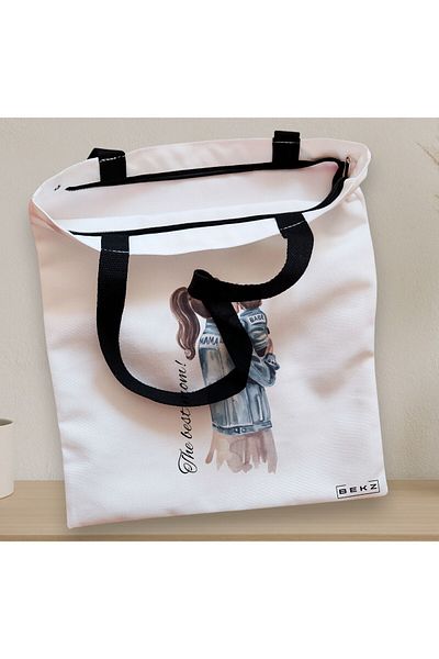 BEKZ Textile Bag With Zipper, Tote Bag, The Best Mom Model, 38x34.5 Cm, ​​White, ®