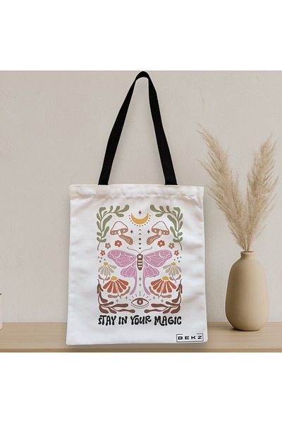 BEKZ Sacosa Textila Cu Fermoar, Geanta Tote Boho Style 4, 38x34.5 Cm, Alba, ®