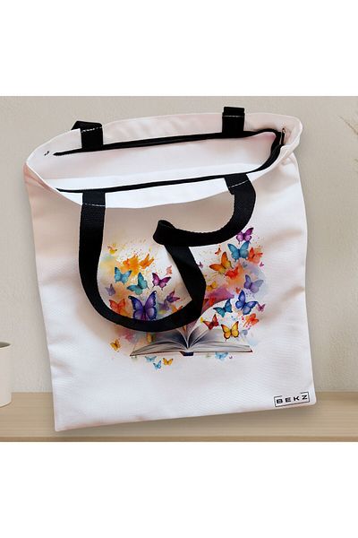 BEKZ Sacosa Textila Cu Fermoar, Geanta Tote, Model Books 29 38 X 34.5 Cm, Alb, ®