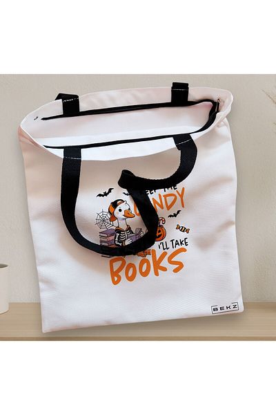 BEKZ Textile Bag With Zipper, Tote Bag, Keep The Candy I’ll Take Books Model 38 X 34.5 Cm, ​​White,