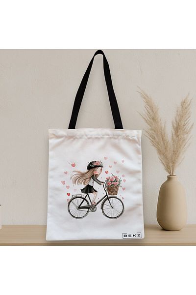 BEKZ Sacosa Textila Cu Fermoar, Geanta Tote, Model Happy Cycling Girl 38 X 34.5 Cm, Alb, ®