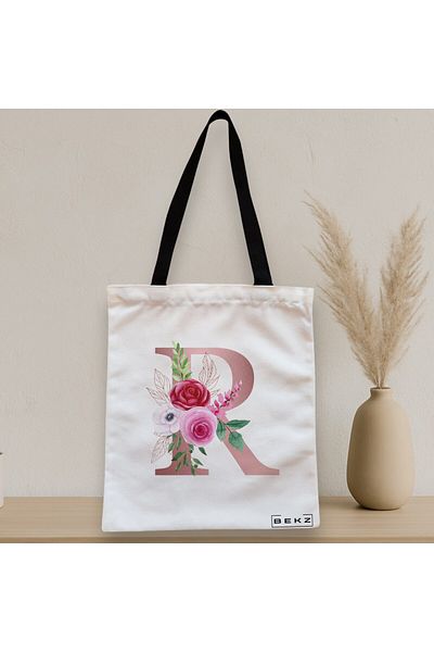 BEKZ Sacosa Textila Cu Fermoar, Geanta Tote, Cu Litera R Rose Gold Si Trandafiri, 38x34.5 Cm, Alba, ®