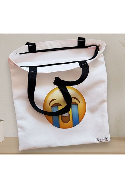 BEKZ Sacosa Textila Cu Fermoar, Geanta Tote, Model Crying Emoji, 38x34.5 Cm, Alba, ®
