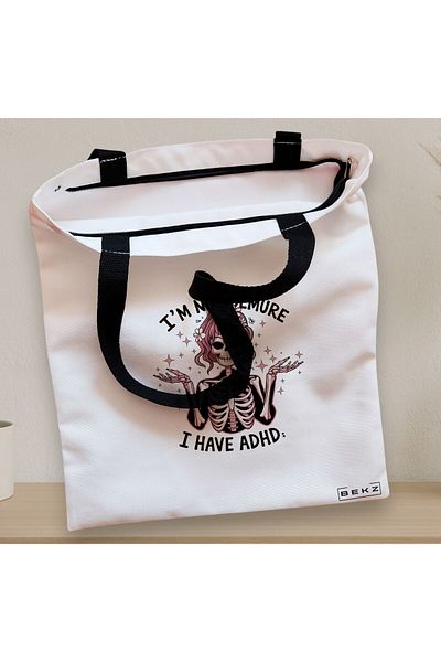 BEKZ Textile Bag With Zipper, Tote Bag, Model I’m Not Demure I Have Adhd 38 X 34.5 Cm, ​​White, ®