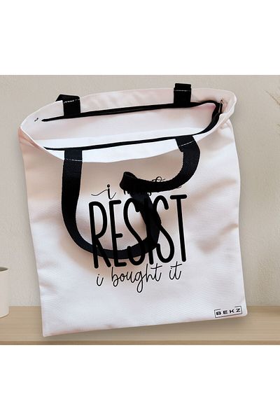 BEKZ Sacosa Textila Cu Fermoar, Geanta Tote, Model I Must Resist, I Bought It, 38x34.5 Cm, Alba, ®