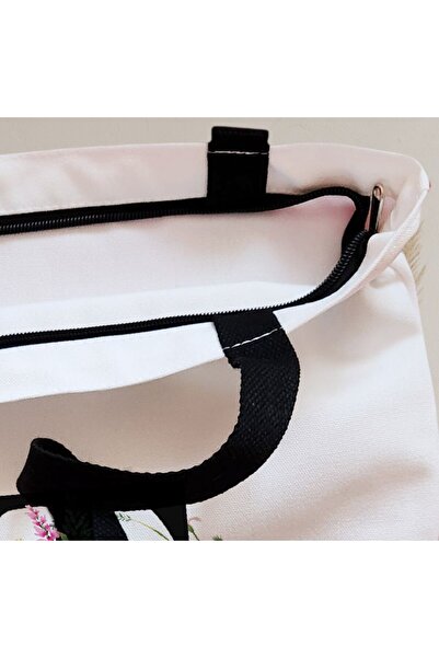 BEKZ Sacosa Textila Cu Fermoar, Geanta Tote, Cu Litera T In Coronita Florala, 38x34.5 Cm, Alba, ®