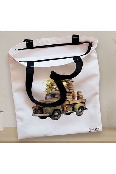 BEKZ Sacosa Textila Cu Fermoar, Geanta Tote, Model The Flower Truck With Books 38 X 34.5 Cm, Alb, ®