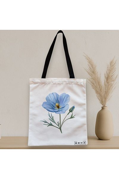 BEKZ Textile Bag With Zipper, Tote Bag, Blue Flower Model 2 38 X 34.5 Cm, ​​White, ®