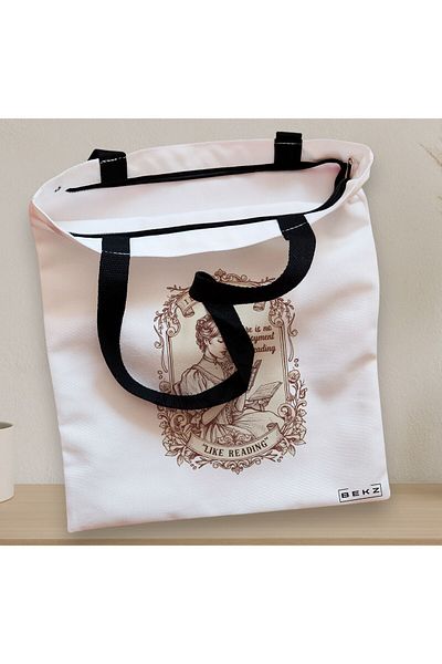 BEKZ Zippered Textile Bag, Tote Bag, There Is No Enjoyment Like Reading Model 38 X 34.5 Cm, ​​White,