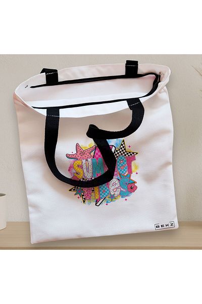BEKZ Sacosa Textila Cu Fermoar, Geanta Tote, Model Summer Vibes 2, 38 X 34.5 Cm, Alb, ®