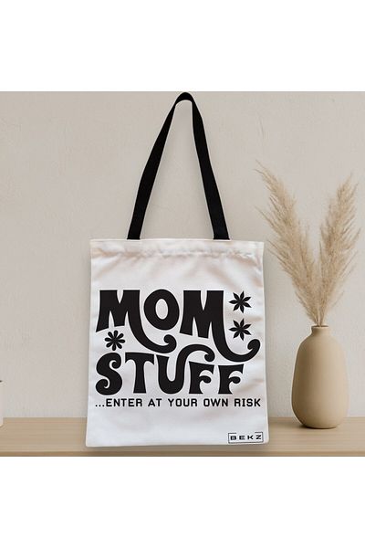BEKZ Sacosa Textila Cu Fermoar, Geanta Tote, Model Mom Stuff, Enter At Your Own Risk, 38x34.5 Cm, Alba, B