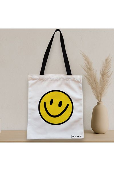 BEKZ Sacosa Textila Cu Fermoar, Geanta Tote, Model Happy Smile, 38x34.5 Cm, Alba, ®