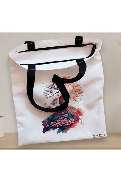 BEKZ Sacosa Textila Cu Fermoar, Geanta Tote, Model Watercolor Garden, 38 X 34.5 Cm, Alb, ®