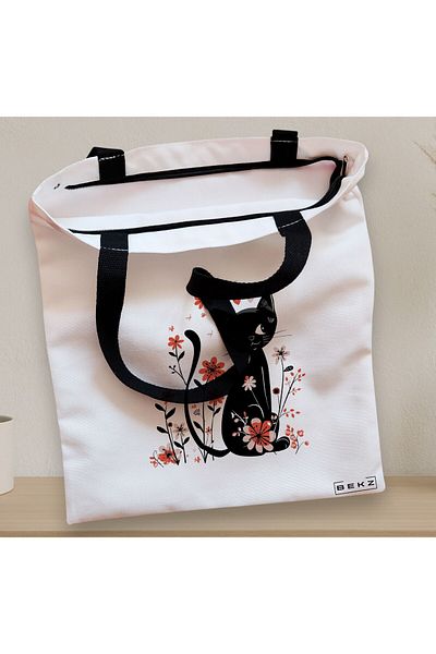BEKZ Sacosa Textila Cu Fermoar, Geanta Tote, Model Cat And Flowers 8, 38 X 34.5 Cm, Alb, ®