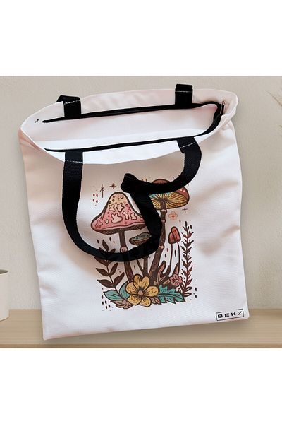 BEKZ Textile Bag With Zipper, Tote Bag Colorful Mushrooms 4, 38x34.5 Cm, ​​White, ®