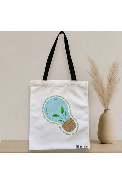 BEKZ Sacosa Textila Cu Fermoar, Geanta Tote, Model Think Green, 38x34.5 Cm, Alba, ®